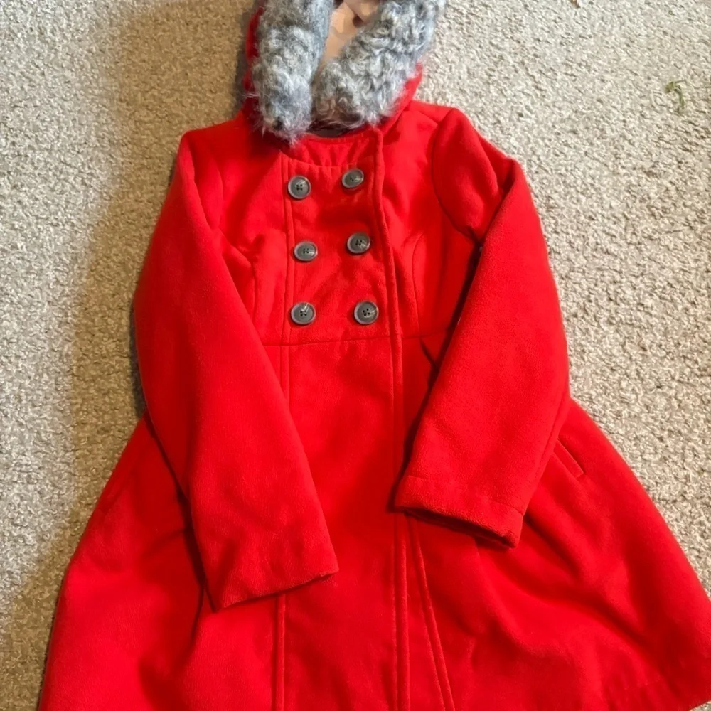 Cat & Jack Red Faux Fur Trim Hooded Pea Coat Small 6/6X Double Breasted
